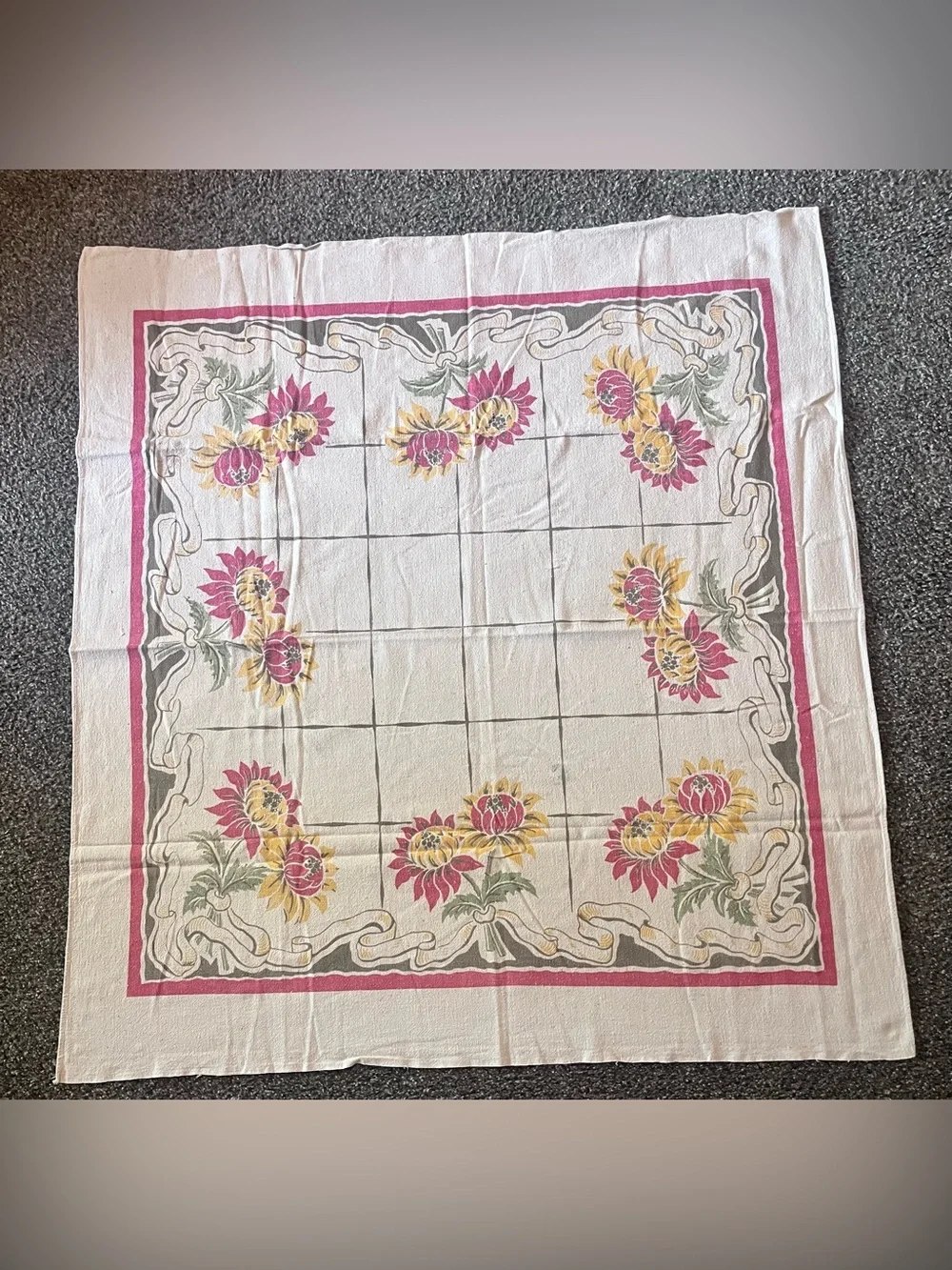 Set of 2 1950s tablecloths Pennsylvania PA Dutch Folk Art 56” Round & floral sq